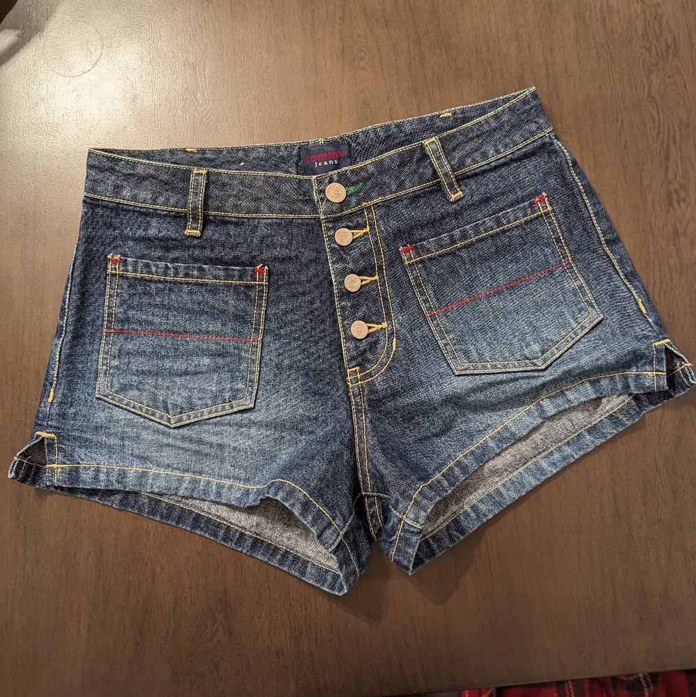 Vintage 90s Tommy Hilfiger jean shorts high waist button fly size 7 waist 30